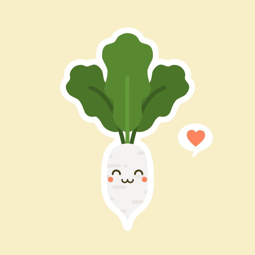 lindo y kawaii personaje de rábano blanco. ilustración de personaje vegetal orgánico feliz saludable vector