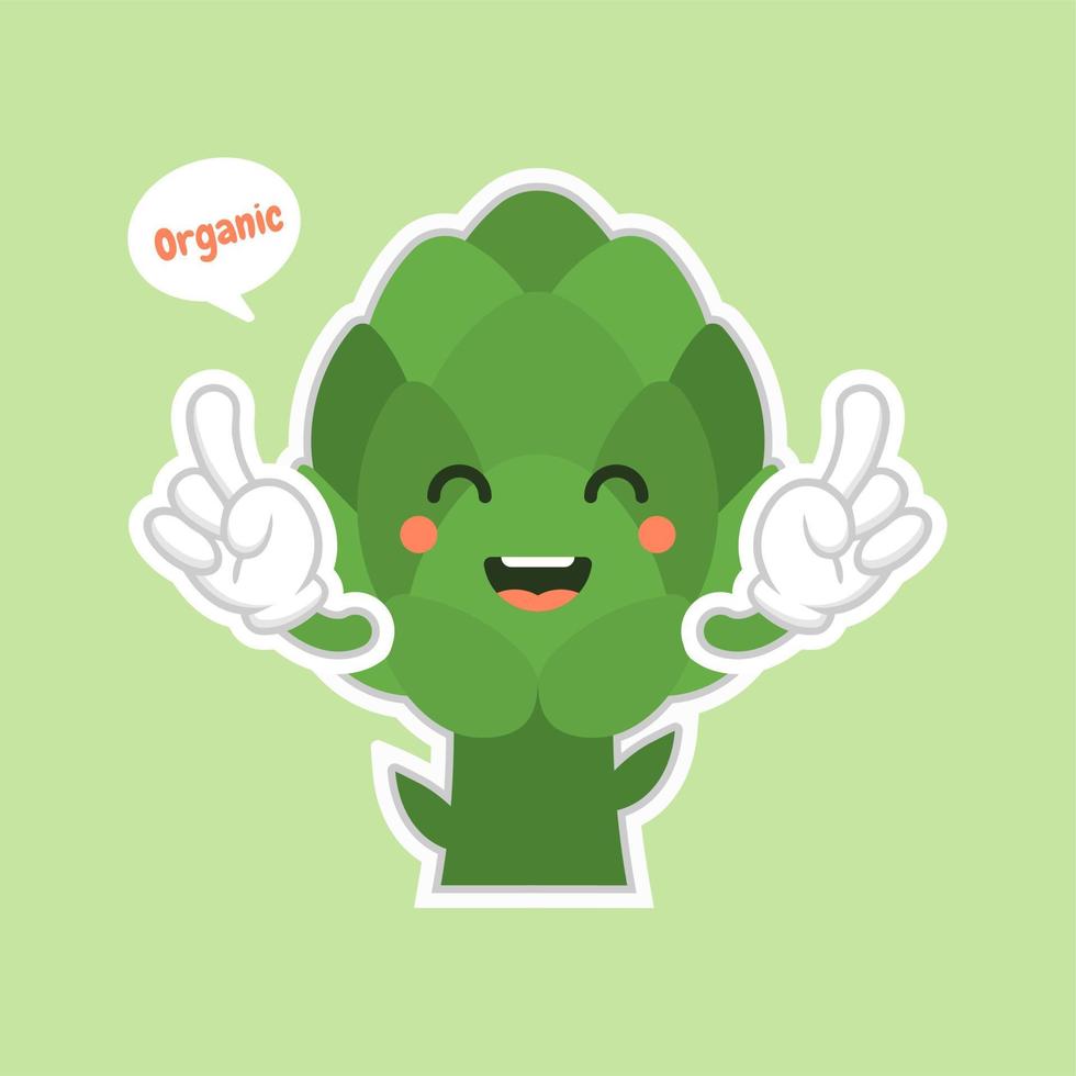 lindo y kawaii personaje de dibujos animados de alcachofa diseño plano, vitaminas, verduras, alimentos saludables, nutrientes, dieta. vitaminas y minerales. beneficios para la salud de la alcachofa. personaje divertido vector