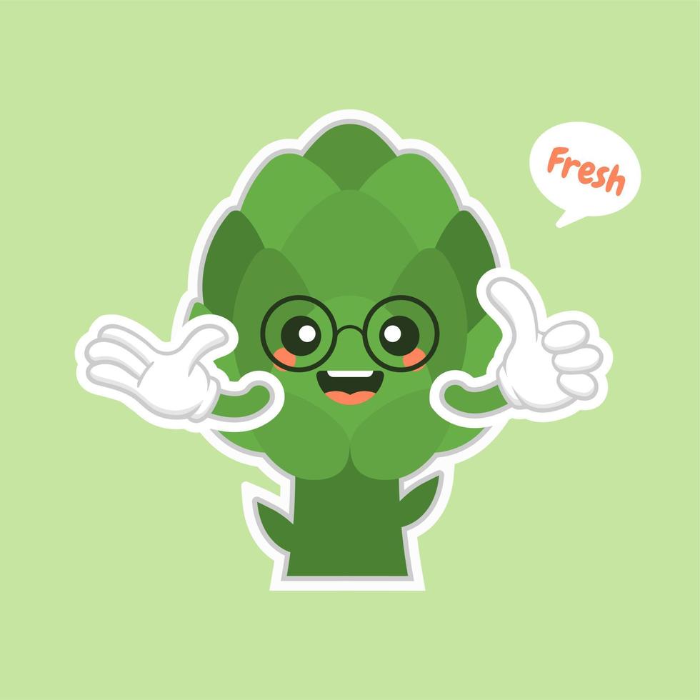 cute and kawaii artichoke cartoon character flat design, vitamins, vegetables, healthy food, nutrients, diet. Vitamins and minerals. Health benefits of artichoke. Funny character. vector