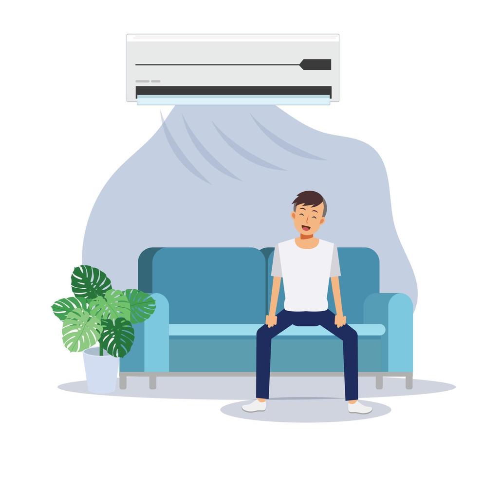 aire acondicionado doméstico, habitación con refrigeración, un hombre descansando en el sofá bajo el aire acondicionado, fresco, frío. vector