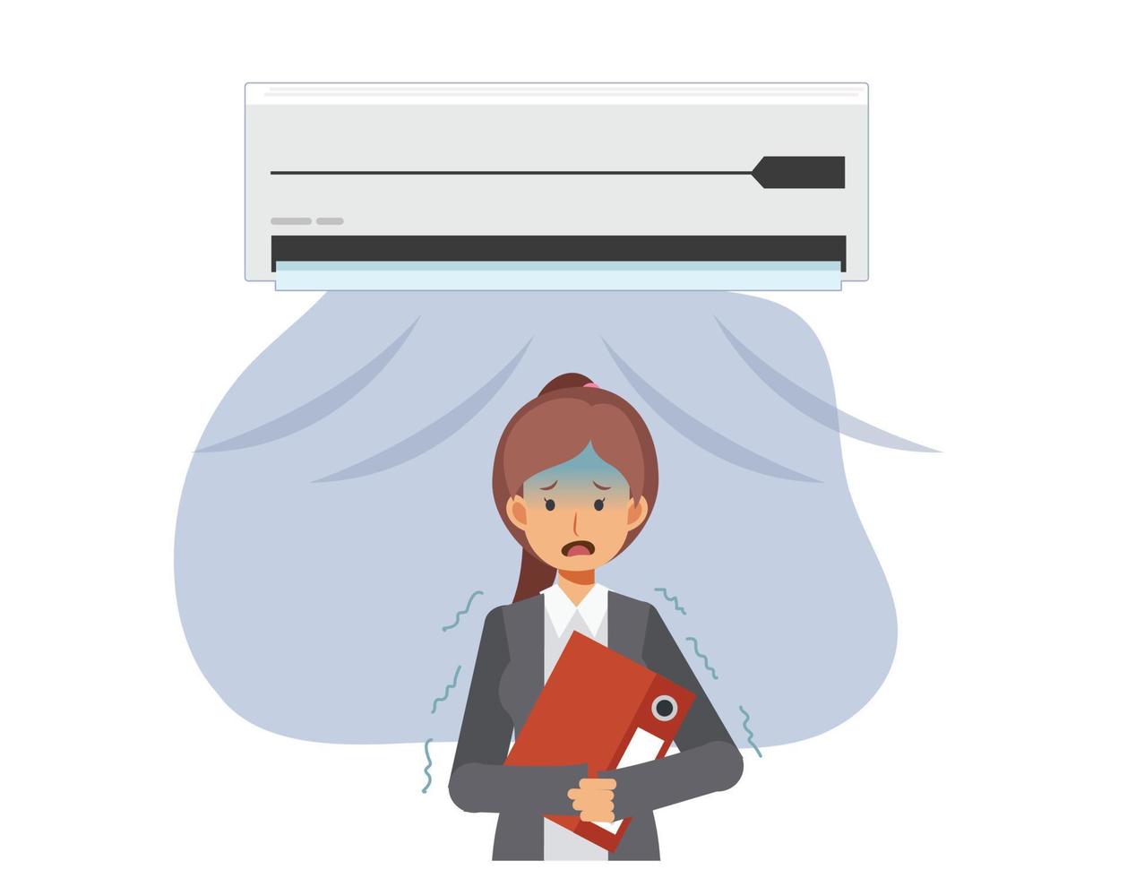 too Cold air concept.Businesswoman feeling cold due to too cold air from air conditioner.Flat vector cartoon character illustration.