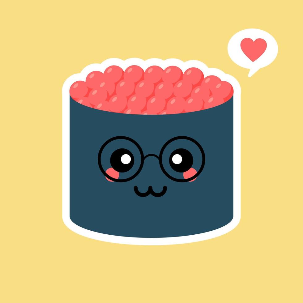 Cute Kawaii Sushi roll with caviar. Japanese traditional meal. Cartoon manga style. Funny anime character with happy face. Flat design. Trendy Vector illustration. Logo template