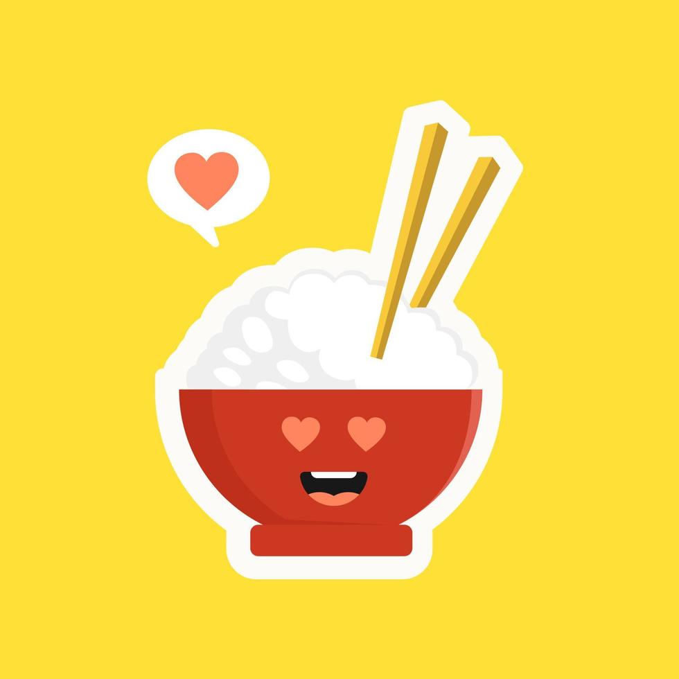 Cute and kawaii rice bowl character isolated on color background. Rice bowl with emoji and expression. can use for restaurant, resto, mascot, asian culture element, chinese food, japanese food, menu. vector