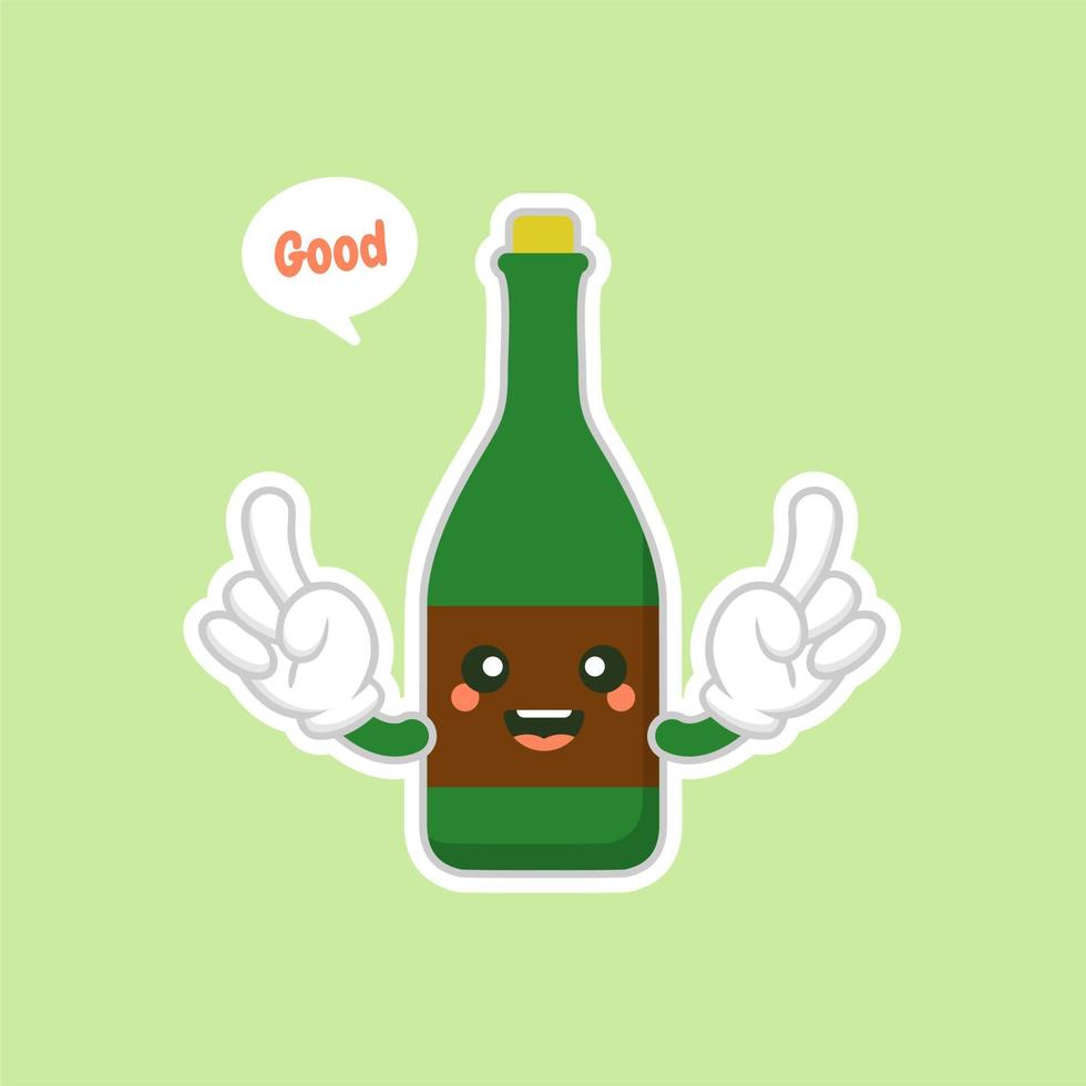 Botellas de vino lindas y kawaii sobre fondo verde, diseño colorido. ilustración vectorial de diseño plano. champán kawaii de dibujos animados con sonrisa y ojos sonrientes. linda botella de champán vector