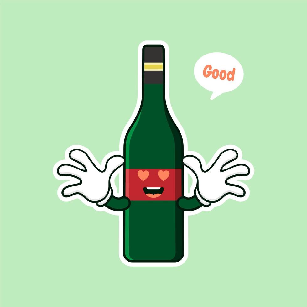 Ilustración de vector de estilo plano de personaje de dibujos animados de botella de vino lindo y kawaii. plantilla de diseño de personaje de botella de vino de vidrio sonriente funky para carta de vinos o mapa de vinos