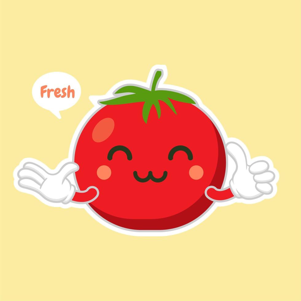 Ilustración de vector de diseño plano de personaje de tomate lindo y kawaii. ilustración de vector vegetal feliz... comida verde, se puede utilizar en el menú del restaurante, libros de cocina y etiqueta de granja orgánica