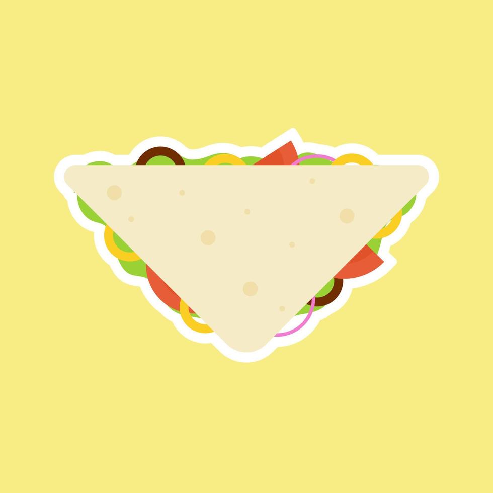 slice of sandwich bread with vegetables. breakfast isolated on color background. slice cheese sandwich with tomato, lettuce and bacon, sausage flat design style. tasty Appetizing vegetarian food. vector