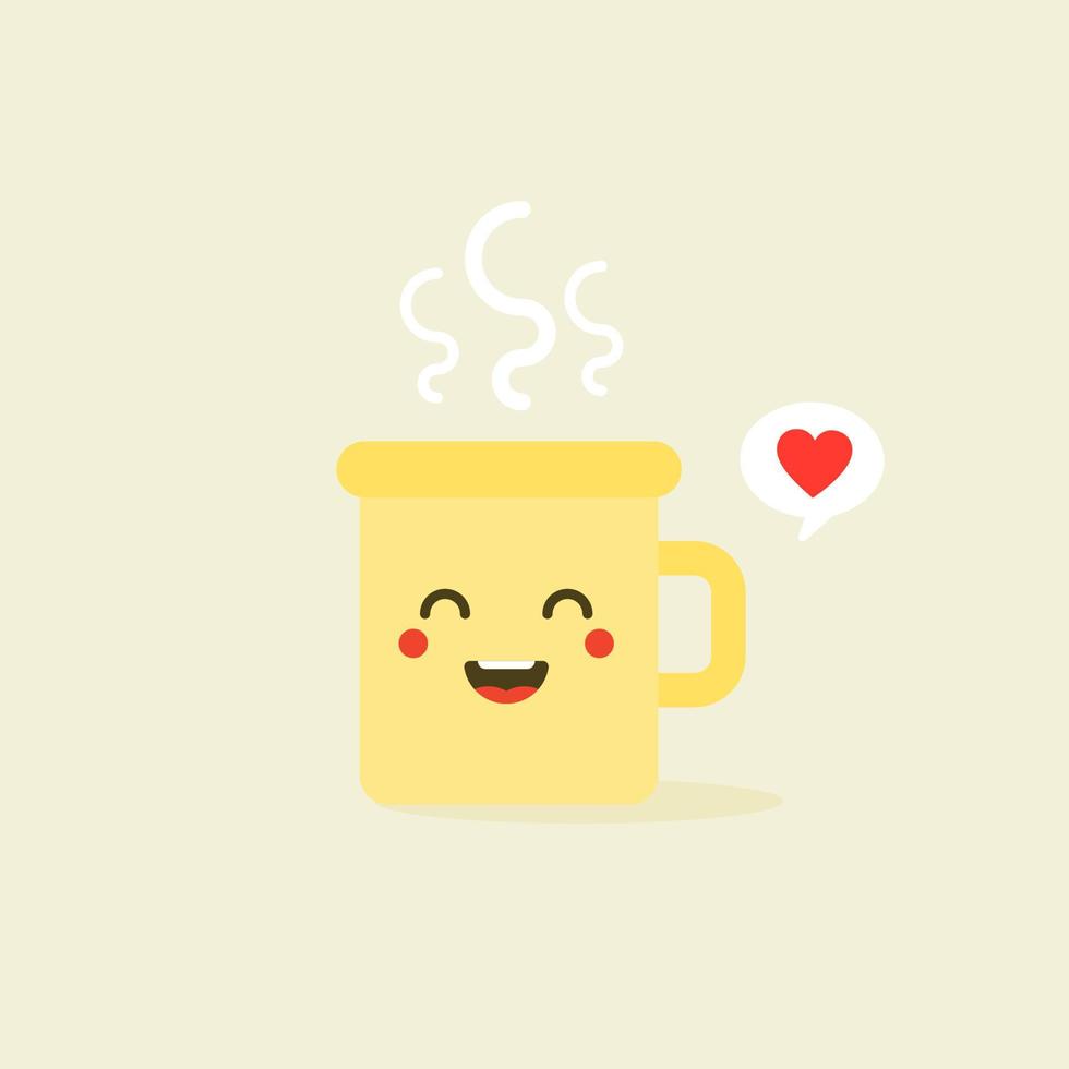 Cup kawaii emoji with cheeks and eyes. Colored beautiful doodle cups character in flat designs with cute cartoon faces. Hot coffee and tea. Vector illustration.