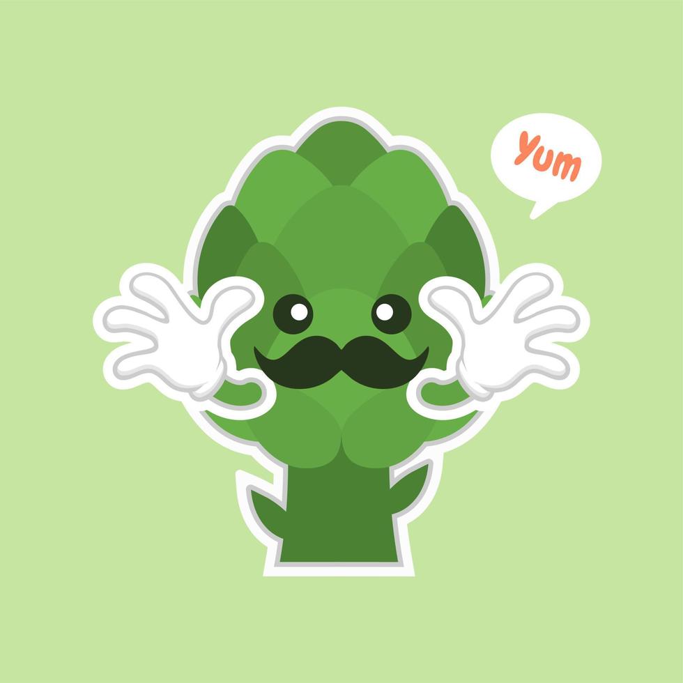 lindo y kawaii personaje de dibujos animados de alcachofa diseño plano, vitaminas, verduras, alimentos saludables, nutrientes, dieta. vitaminas y minerales. beneficios para la salud de la alcachofa. personaje divertido vector