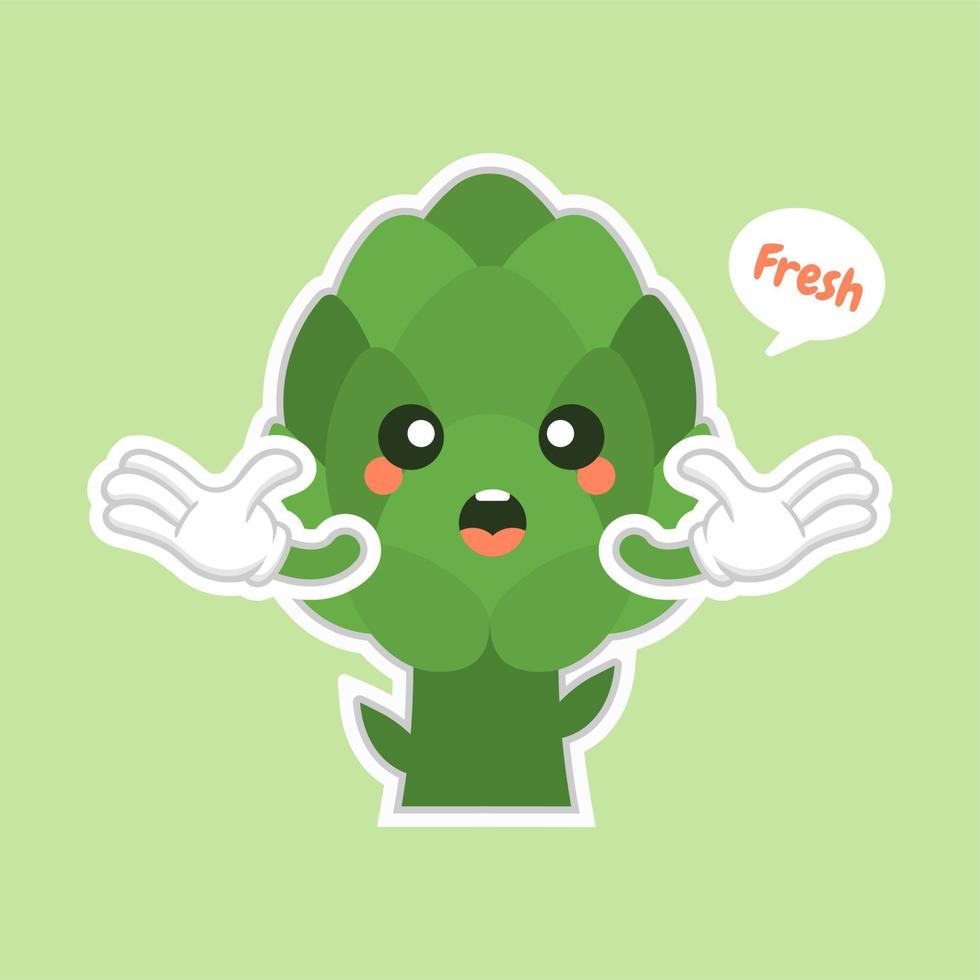 lindo y kawaii personaje de dibujos animados de alcachofa diseño plano, vitaminas, verduras, alimentos saludables, nutrientes, dieta. vitaminas y minerales. beneficios para la salud de la alcachofa. personaje divertido vector