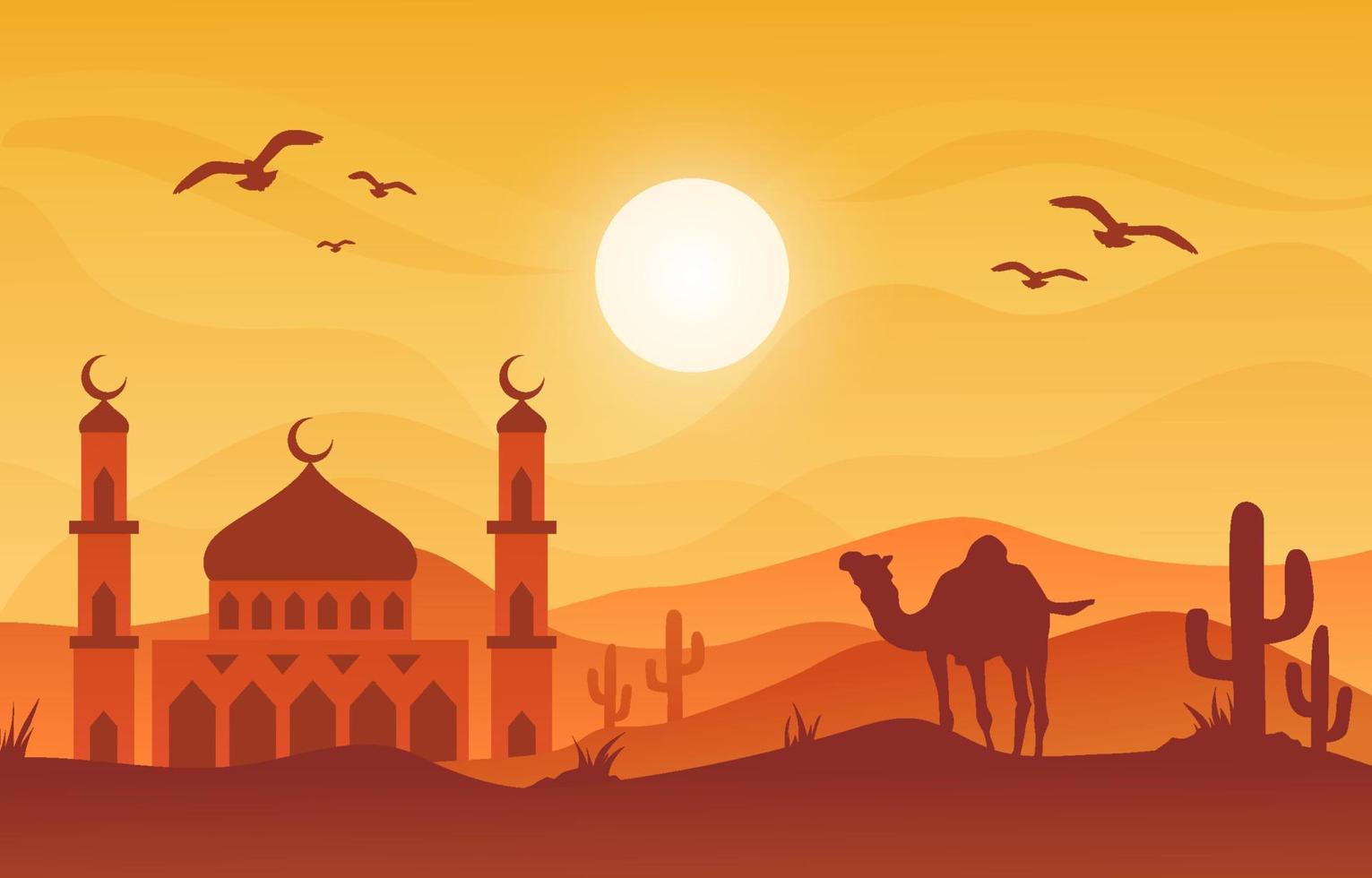 fondo del gradiente del desierto de la mezquita con camello vector