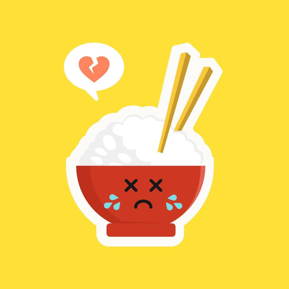 Cute and kawaii rice bowl character isolated on color background. Rice bowl with emoji and expression. can use for restaurant, resto, mascot, asian culture element, chinese food, japanese food, menu. vector