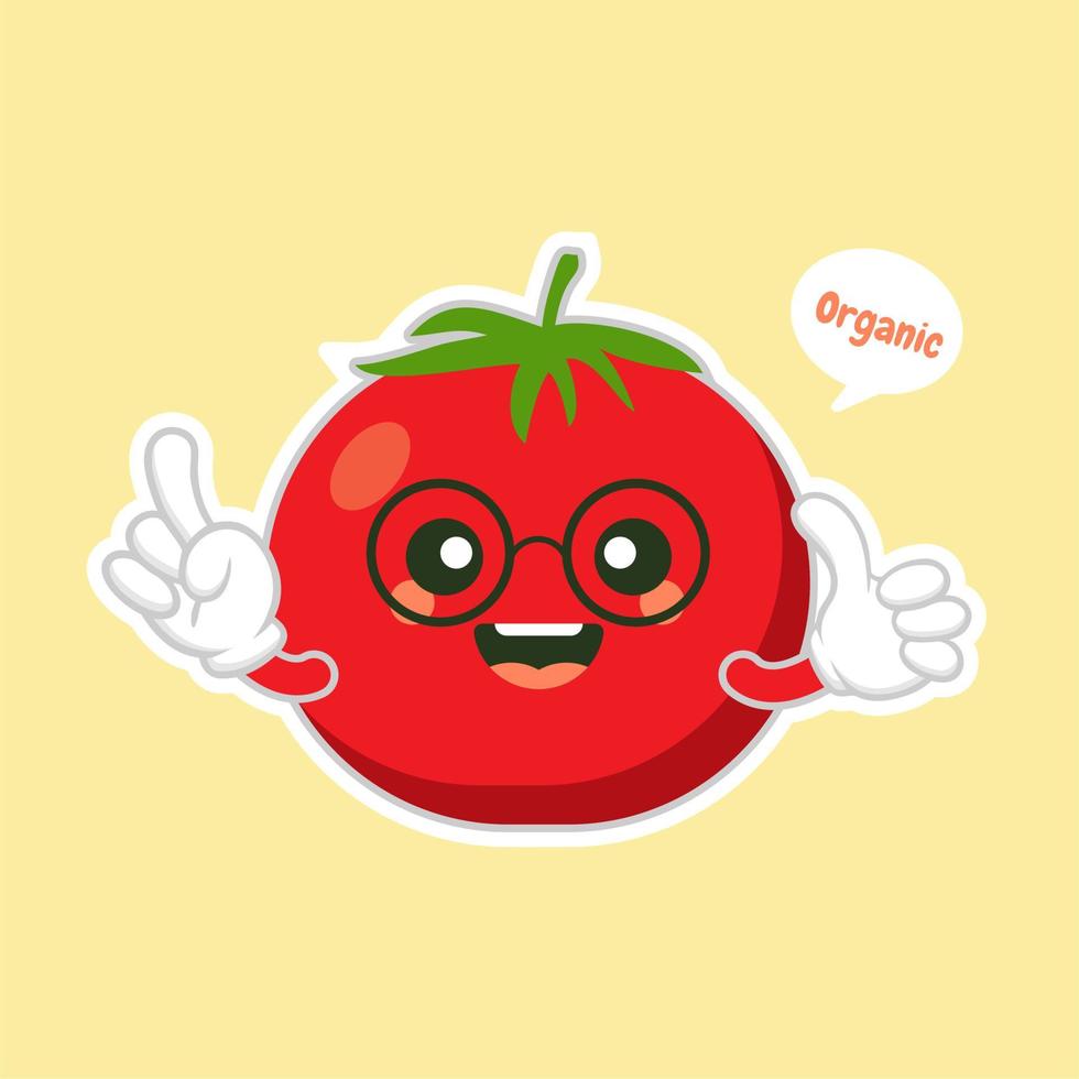 Ilustración de vector de diseño plano de personaje de tomate lindo y kawaii. ilustración de vector vegetal feliz... comida verde, se puede utilizar en el menú del restaurante, libros de cocina y etiqueta de granja orgánica