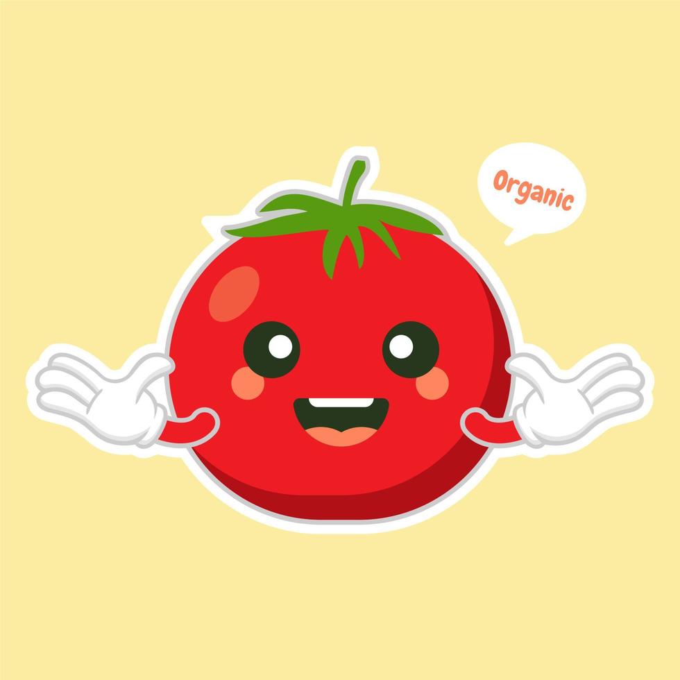 cute and kawaii tomato character flat design vector illustration. Happy vegetable vector illustration.. Green food, can be used in restaurant menu, cooking books and organic farm label