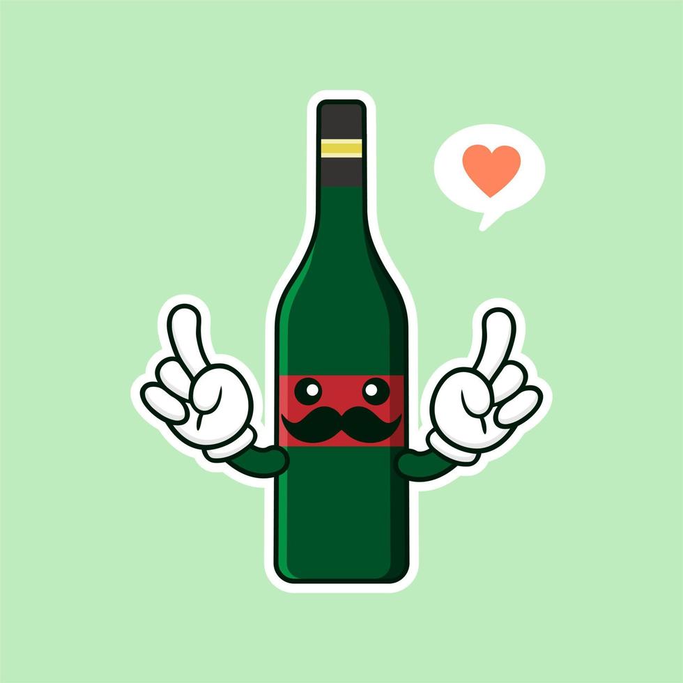 Ilustración de vector de estilo plano de personaje de dibujos animados de botella de vino lindo y kawaii. plantilla de diseño de personaje de botella de vino de vidrio sonriente funky para carta de vinos o mapa de vinos