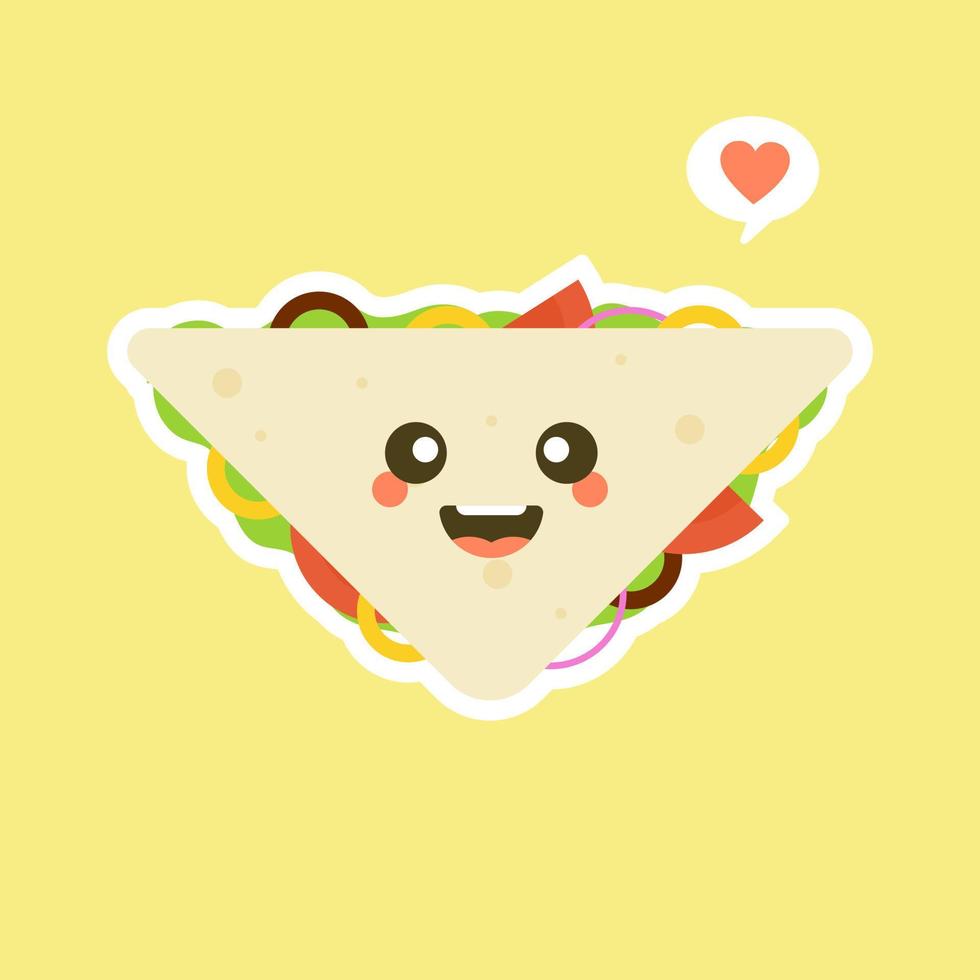 cute and kawaii of sandwich bread character with vegetables. breakfast. slice cheese sandwich with tomato, lettuce and bacon, sausage flat design style. tasty appetizing vegetarian food. vector