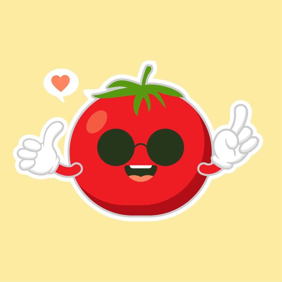 Ilustración de vector de diseño plano de personaje de tomate lindo y kawaii. ilustración de vector vegetal feliz... comida verde, se puede utilizar en el menú del restaurante, libros de cocina y etiqueta de granja orgánica