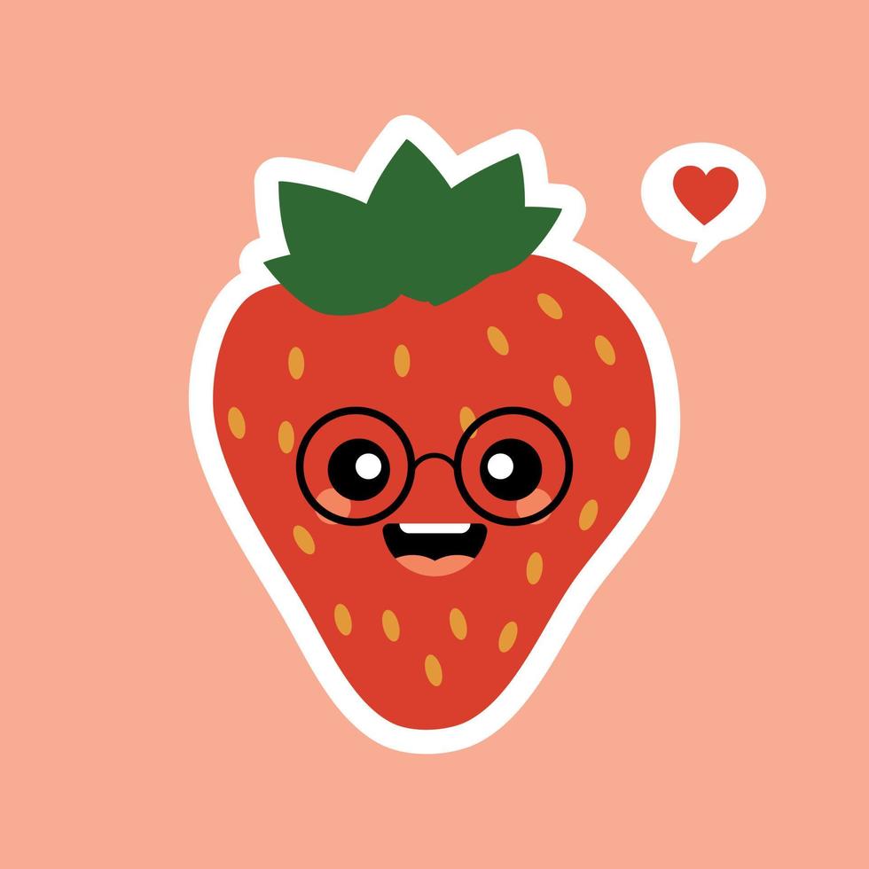 lindo personaje de dibujos animados de fresa de fruta aislado en la ilustración de vector de fondo de color. icono de cara de emoticono de fresa positivo y amigable divertido. kawaii sonrisa dibujos animados cara comida emoji, fruta cómica