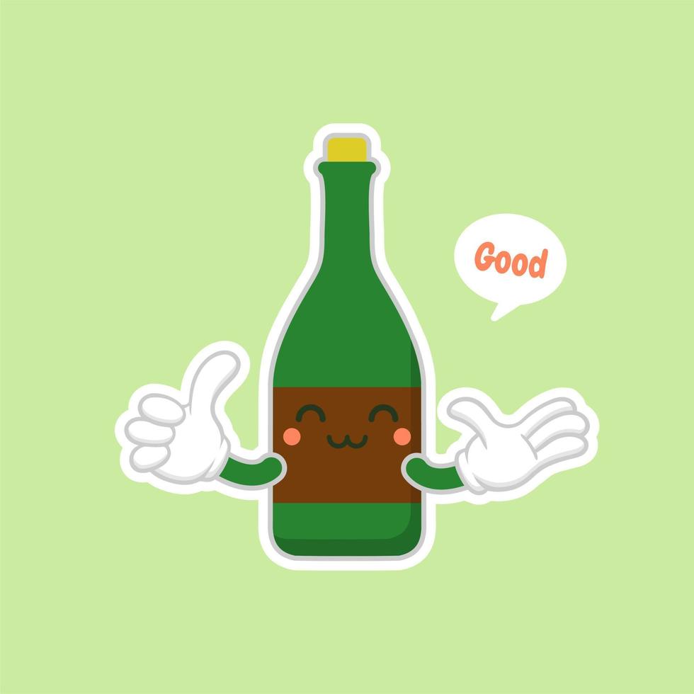 Botellas de vino lindas y kawaii sobre fondo verde, diseño colorido. ilustración vectorial de diseño plano. champán kawaii de dibujos animados con sonrisa y ojos sonrientes. linda botella de champán vector