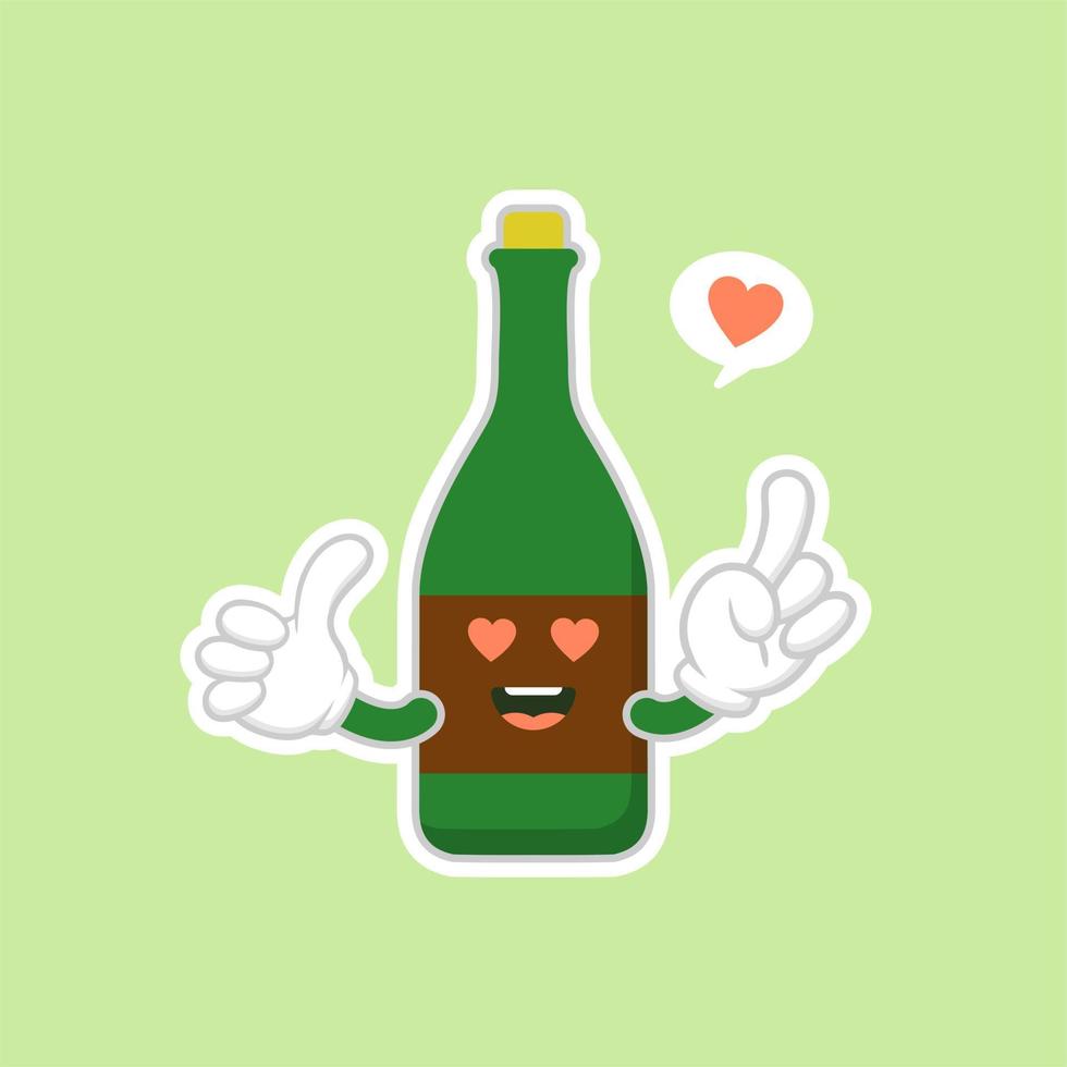 Botellas de vino lindas y kawaii sobre fondo verde, diseño colorido. ilustración vectorial de diseño plano. champán kawaii de dibujos animados con sonrisa y ojos sonrientes. linda botella de champán vector