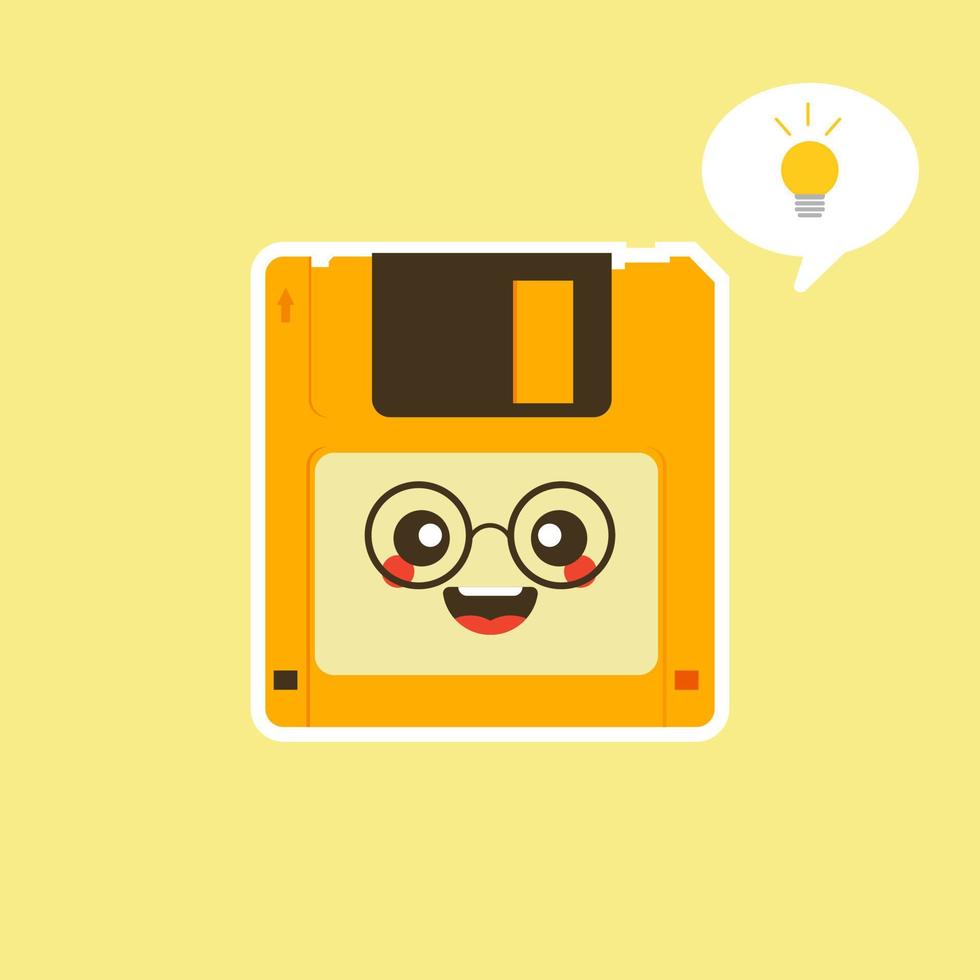 floppy disk vector illustration in flat style. cute style and pose by limited vintage diskette. Diskette old technology cute kawaii cartoon