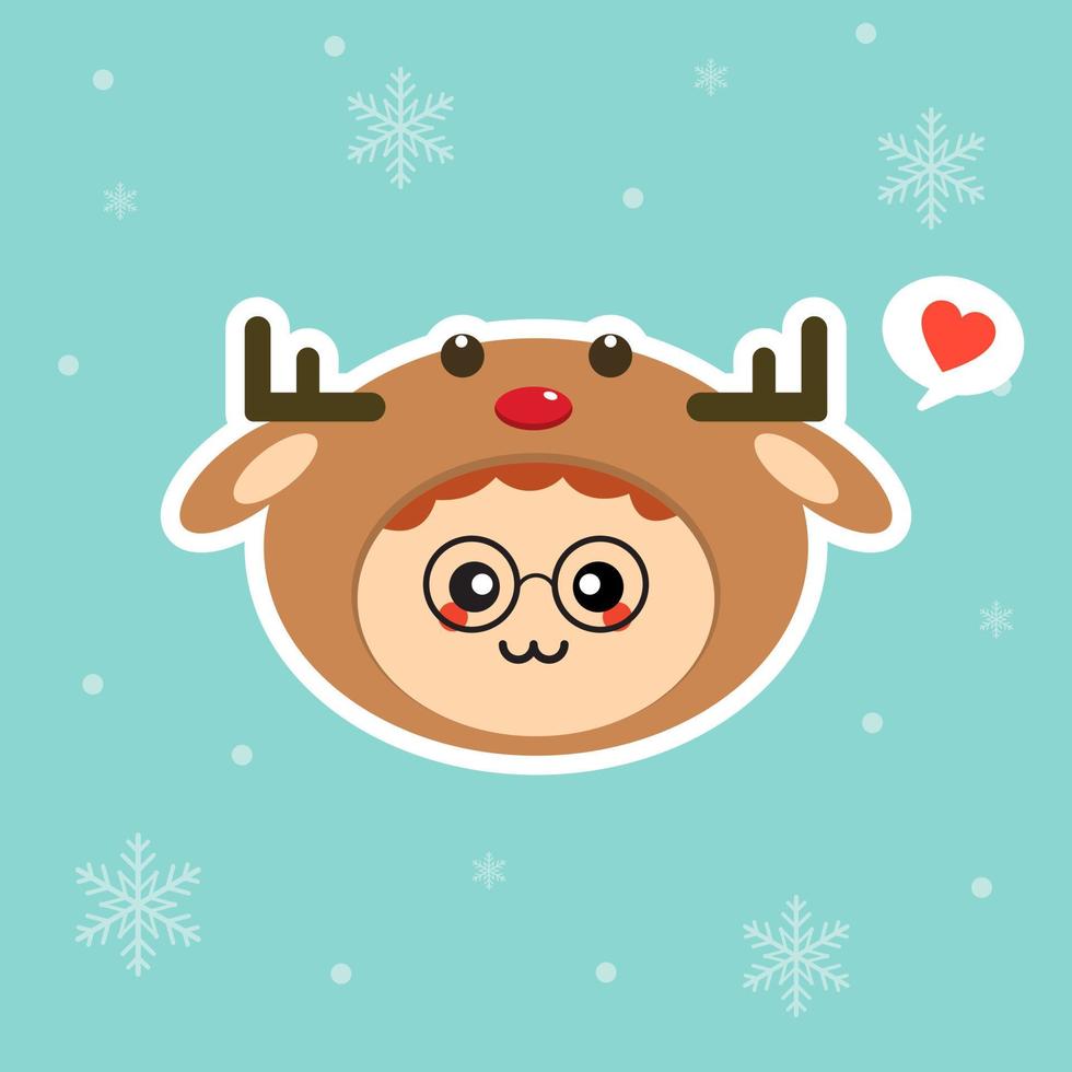 Kawaii and funny little boy dressed as deer. Cute kid in carnival costume. Merry Christmas and Happy New Year. Winter holiday. Flat vector design for greeting card, mascot, web