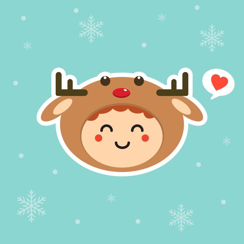 Kawaii and funny little boy dressed as deer. Cute kid in carnival costume. Merry Christmas and Happy New Year. Winter holiday. Flat vector design for greeting card, mascot, web