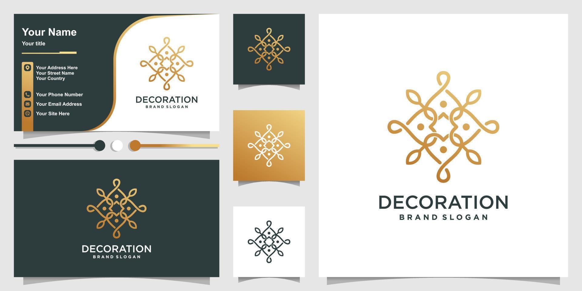 Ornament logo with golden line art style and business card design Premium vector