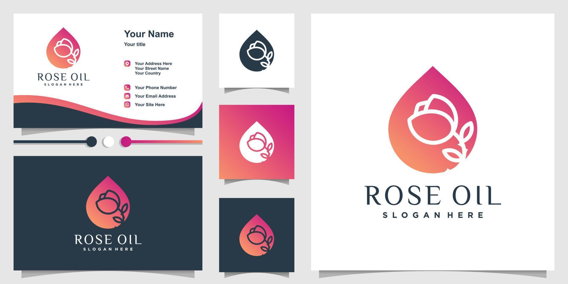 Rose oil logo with modern gradient concept and business card design Premium Vector