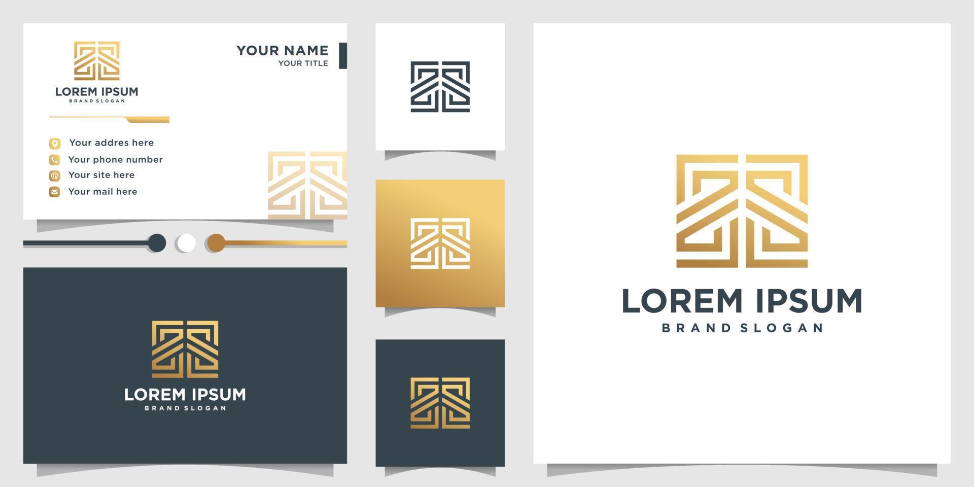 Abstract logo with golden gradient line art style and business card design template Premium Vector