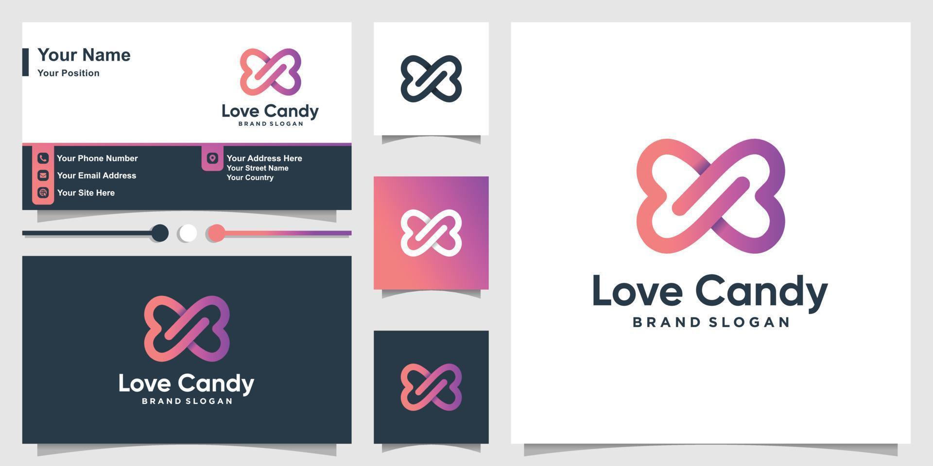 Love candy logo with cute gradient color style and business card design Premium vector