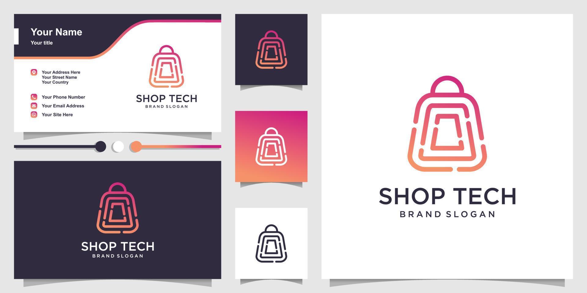 Shop logo with line art technology concept and business card design Premium vector