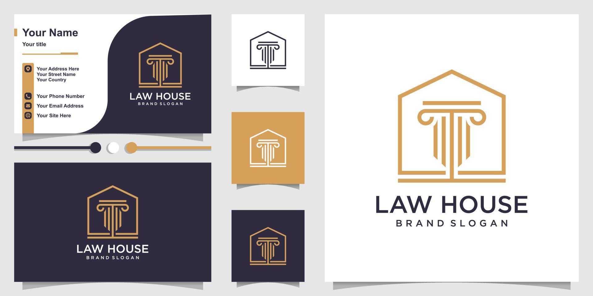 Law logo with line art house concept and business card design Premium Vector