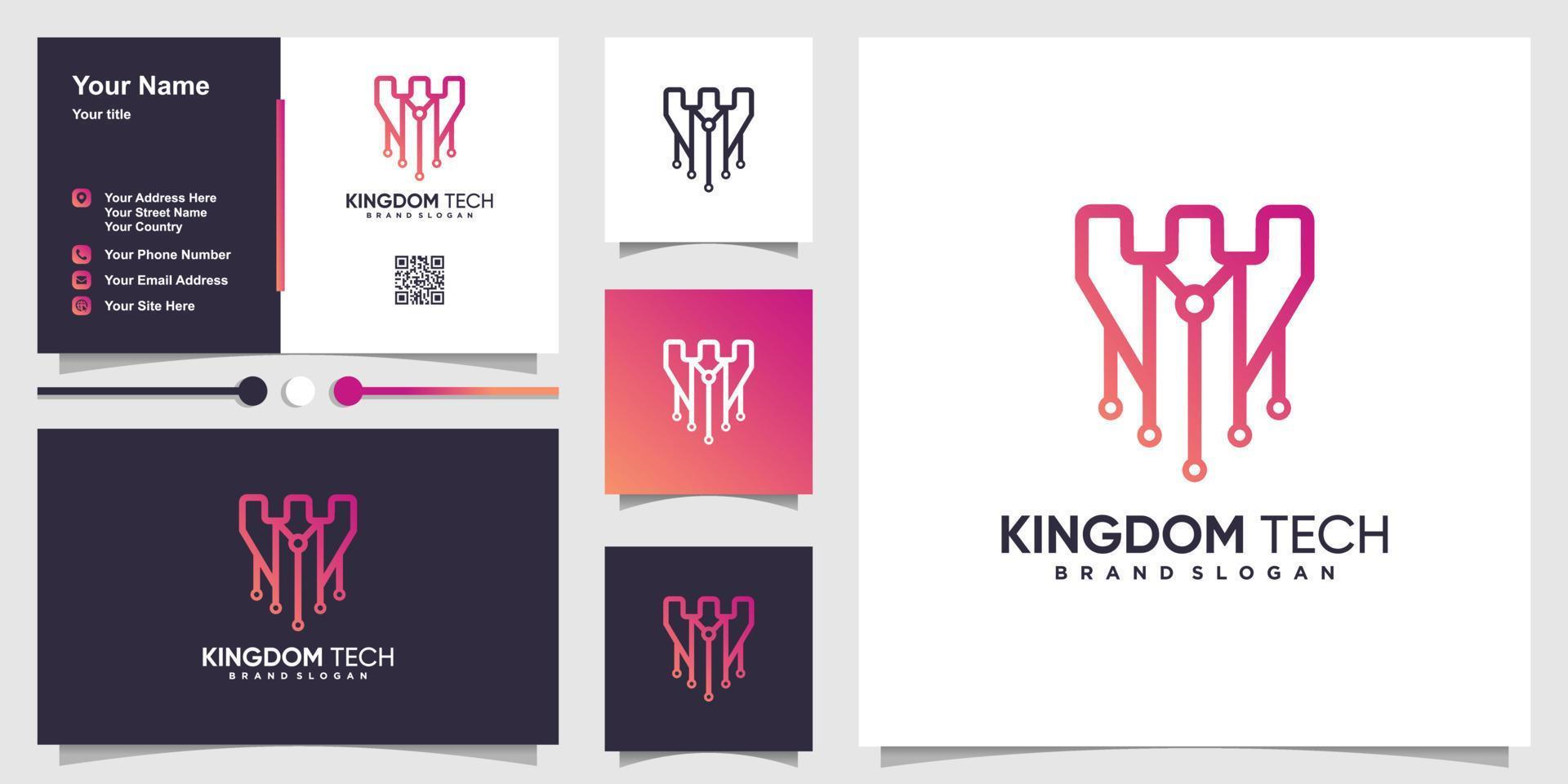 Kingdom tech logo with creative line art style and business card design Premium Vector