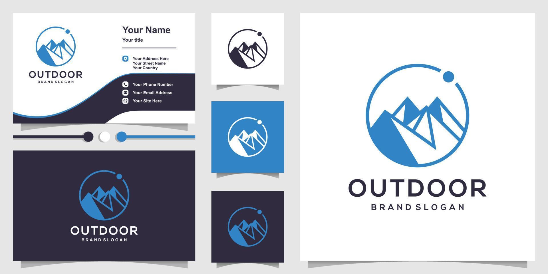 Outdoor logo with mountain inside circle stye and business card design template Premium Vector