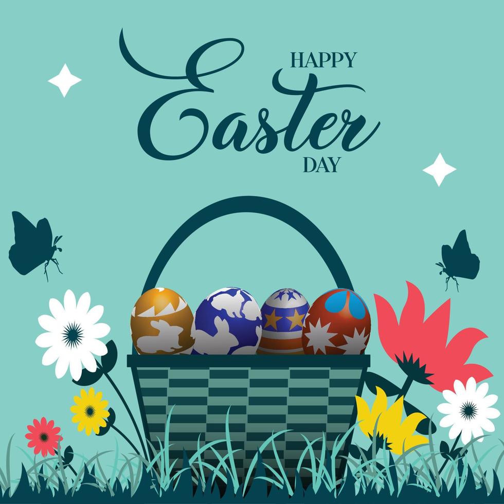 cartel de pascua y plantilla de pancarta con huevos de pascua en el nido sobre fondo verde claro.saludos y regalos para el día de pascua en estilo plano.promoción y plantilla de compras para pascua vector