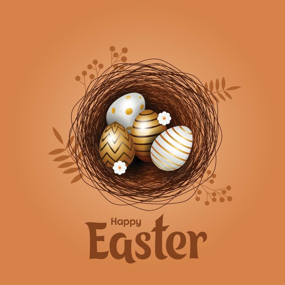 Easter poster and banner template with Easter eggs in the nest on light green background.Greetings and presents for Easter Day in flat lay styling.Promotion and shopping template for Easter vector