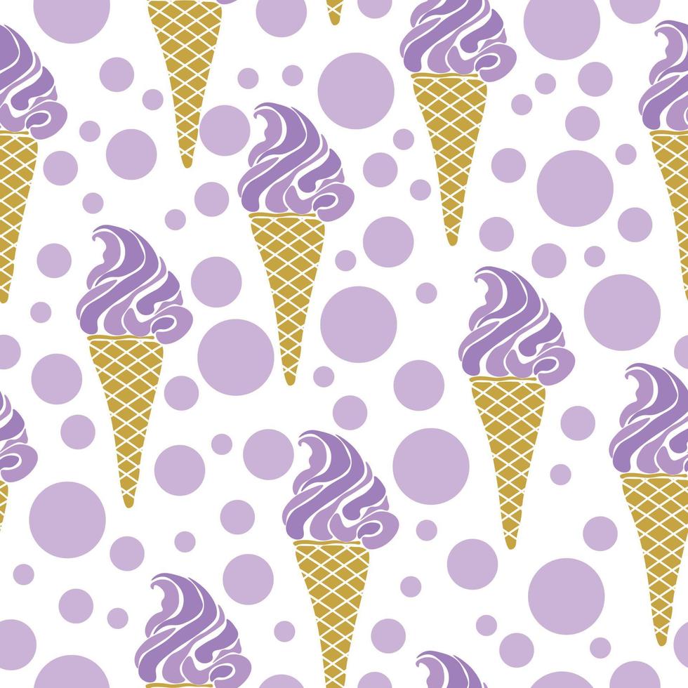 Ice cream cone seamless pattern, gently purple dessert and dots on a white background vector