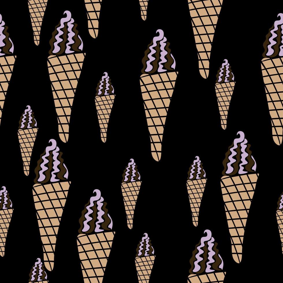 patrón sin fisuras de cono de helado, siluetas de helado sobre fondo negro vector