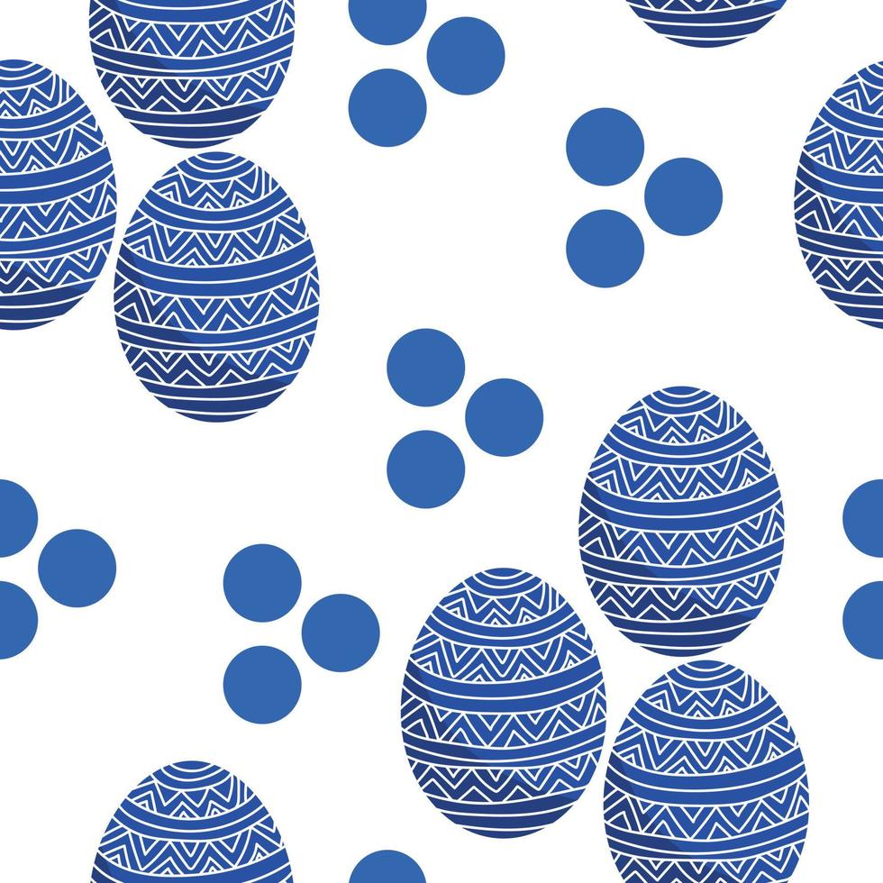 Easter eggs in blue color seamless pattern, Patterned holiday eggs and blue dots on a white background vector