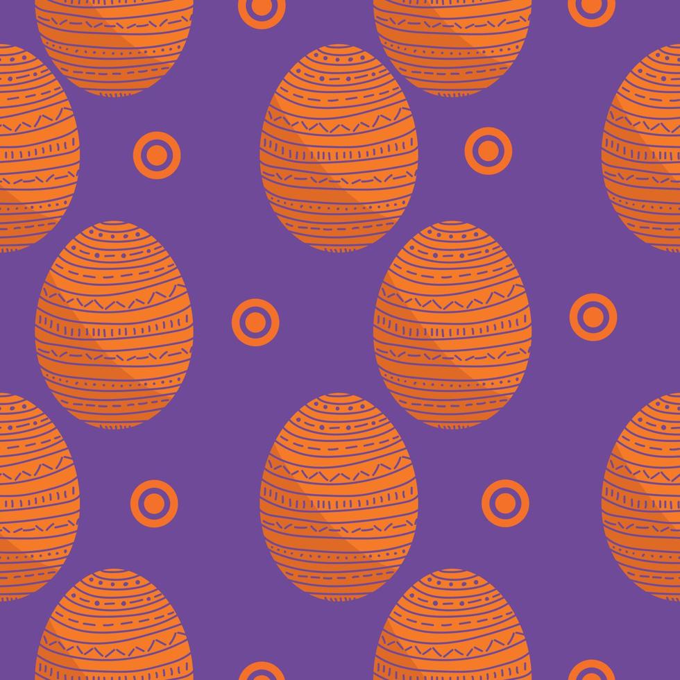 huevos de pascua color naranja oscuro patrón sin costuras, huevos de vacaciones estampados y círculos naranjas sobre un fondo púrpura vector