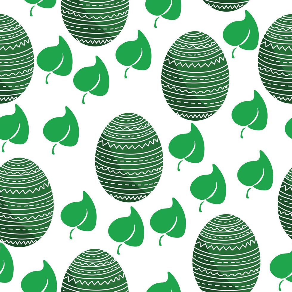 Easter eggs dark green color seamless pattern, Patterned holiday eggs and green leaves on a white background vector