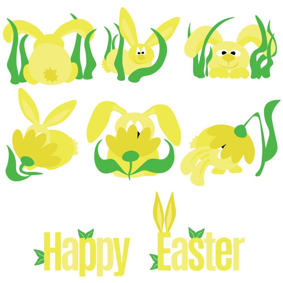 conjunto de imágenes prediseñadas con conejitos de pascua, animales simbólicos en la hierba y una inscripción festiva vector