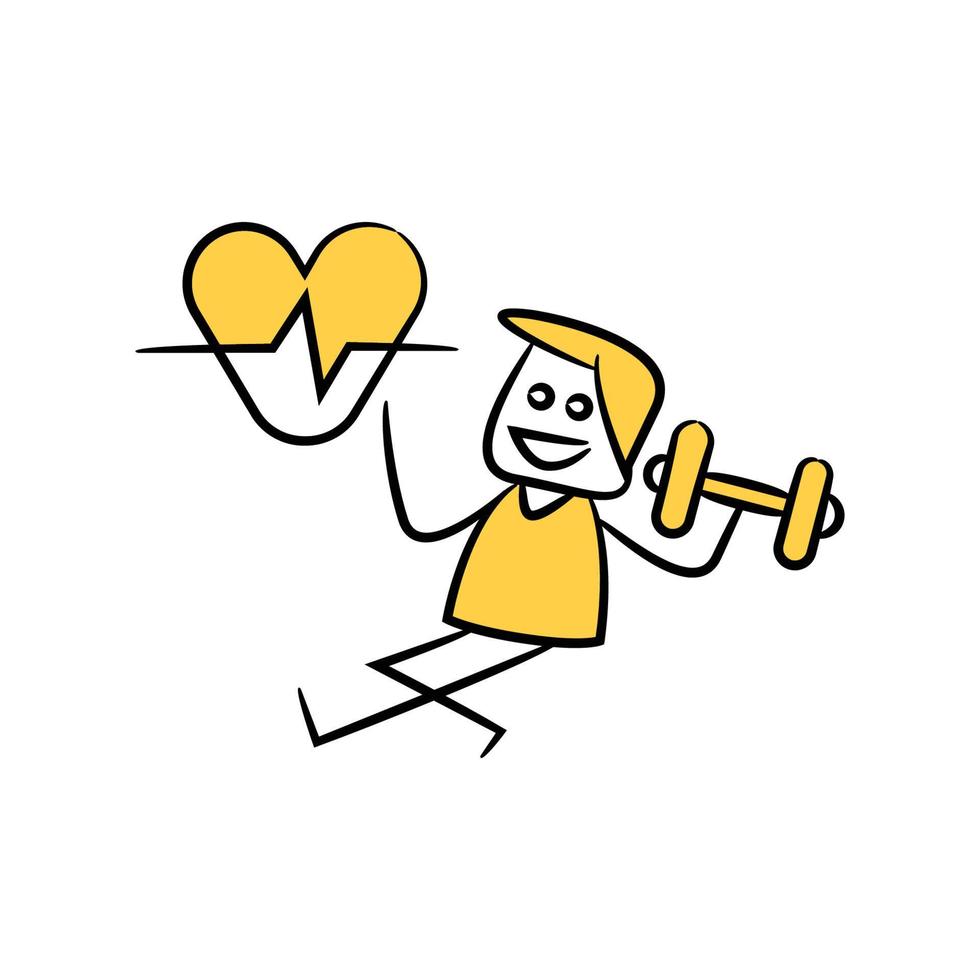 yellow stick figure character with dumbbell and heart vector