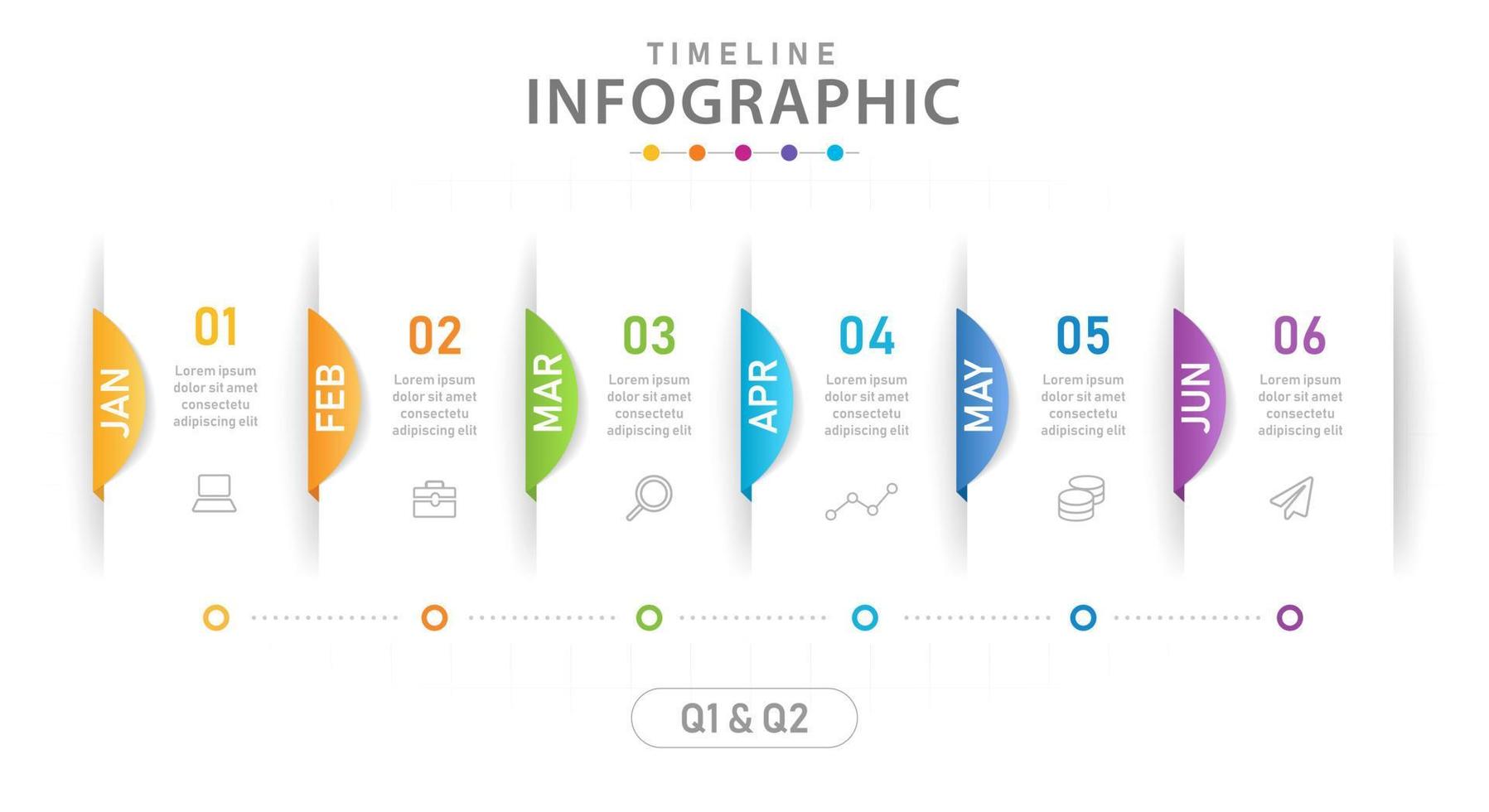 plantilla infográfica para negocios. Calendario de diagrama de línea de tiempo moderno de 6 pasos con trimestre, infografía vectorial de presentación. vector