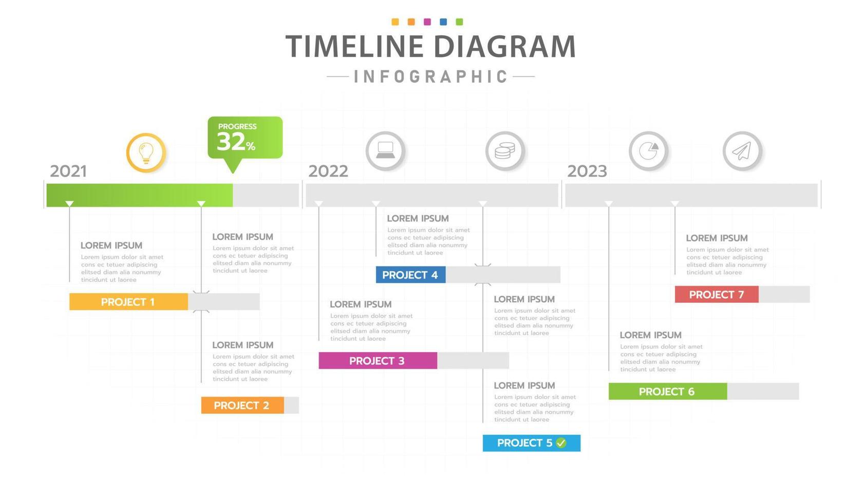 plantilla infográfica para negocios. calendario de diagrama de línea de tiempo moderno con gráfico de gantt de 3 años, infografía de vector de presentación.