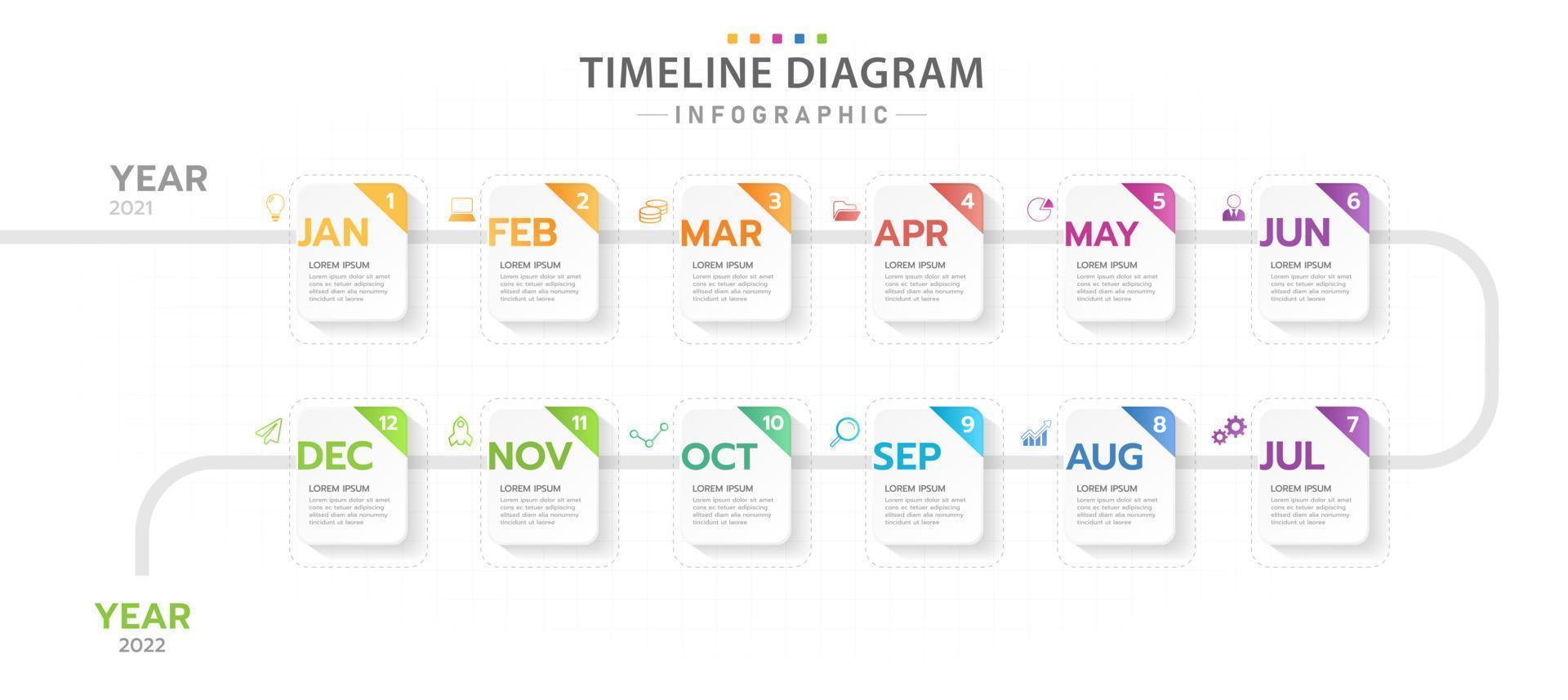 plantilla infográfica para negocios. Calendario de diagrama de línea de tiempo moderno de 12 meses, infografía vectorial de presentación. vector