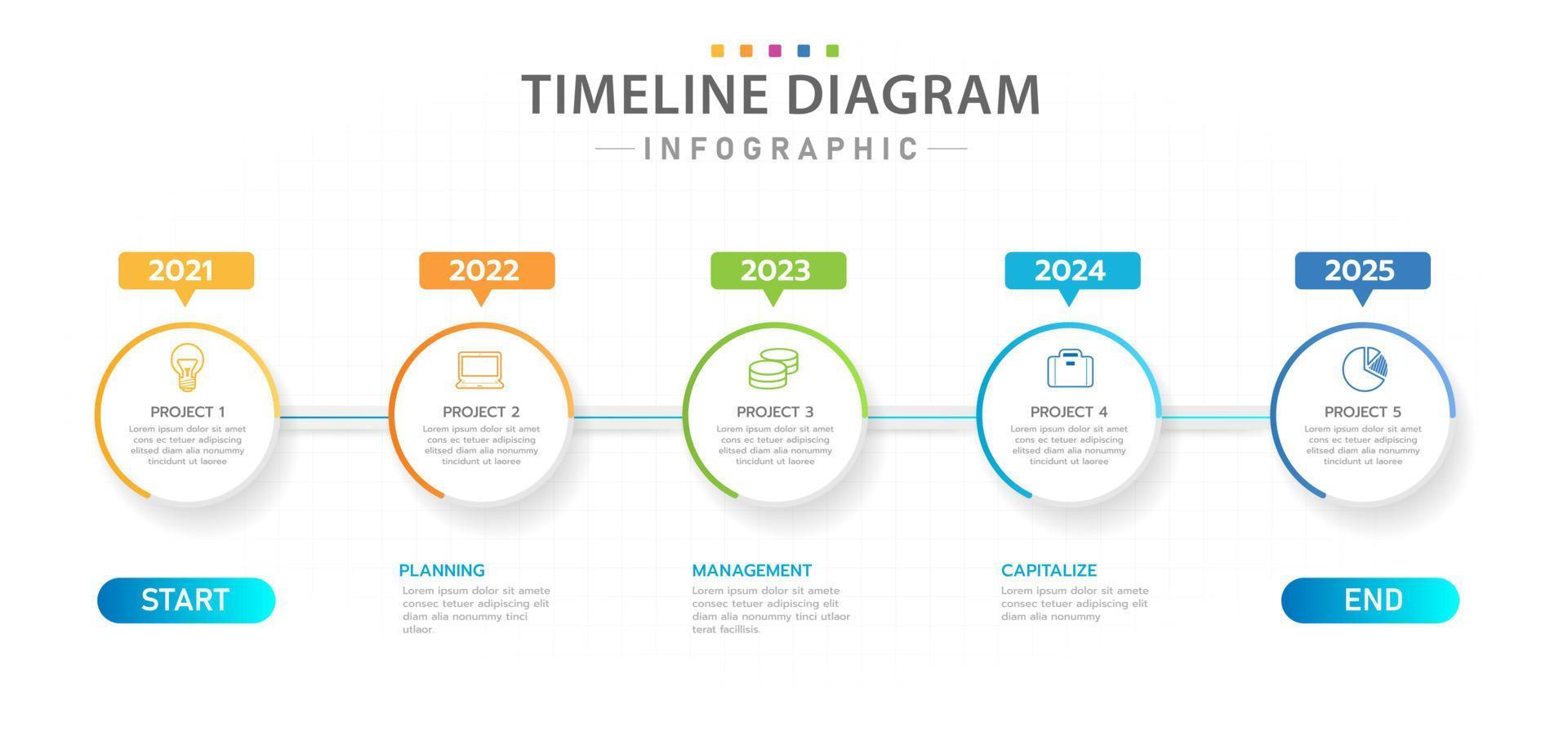 plantilla infográfica para negocios. Diagrama de línea de tiempo de 5 proyectos modernos con hoja de ruta anual, infografía vectorial de presentación. vector