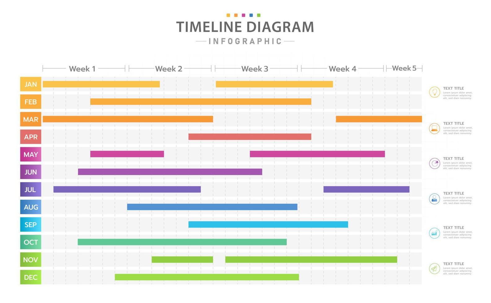 plantilla infográfica para negocios. Calendario de diagrama de línea de tiempo moderno de 12 meses separado por semana, infografía vectorial de presentación. vector