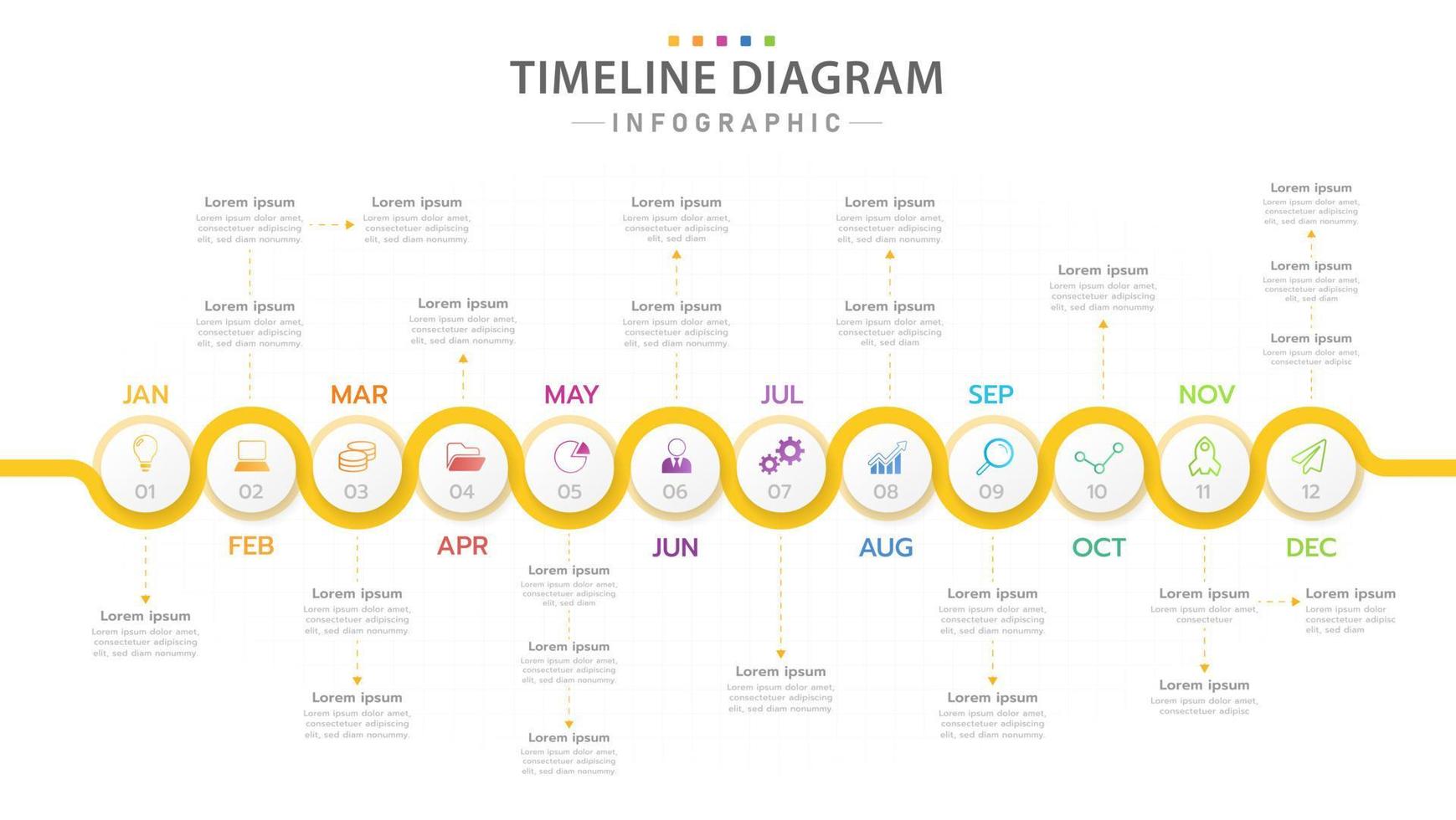 plantilla infográfica para negocios. Calendario de diagrama de línea de tiempo moderno de 12 meses, infografía vectorial de presentación. vector